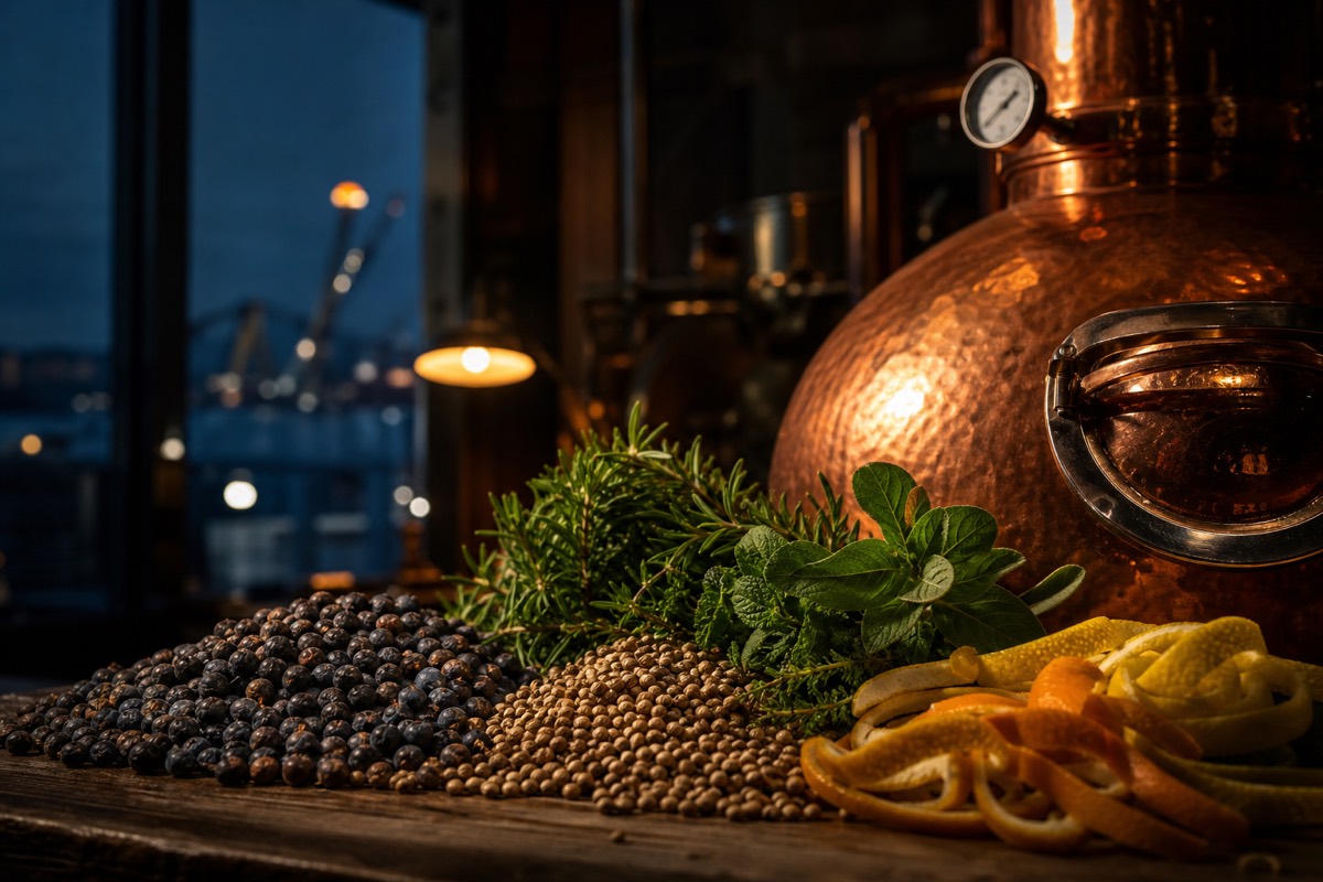 Gin botanicals beside a copper pot still