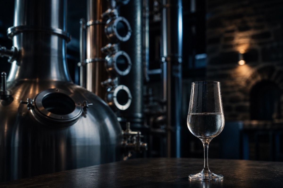 Column still and a glass of clear vodka